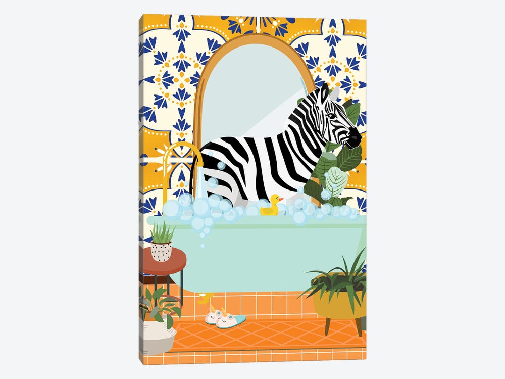 Zebra In Bathroom With Moroccan Tile by Jania Sharipzhanova 1-piece Canvas Wall Art