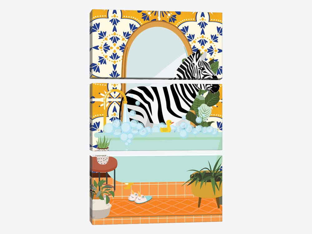 Zebra In Bathroom With Moroccan Tile by Jania Sharipzhanova 3-piece Canvas Art