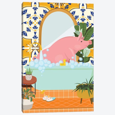 Piggy In Bathroom With Moroccan Tile Canvas Print #SHZ227} by Jania Sharipzhanova Canvas Art Print