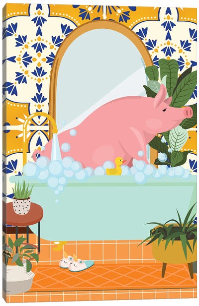 Piggy In Bathroom With Moroccan Tile Canvas Art Print