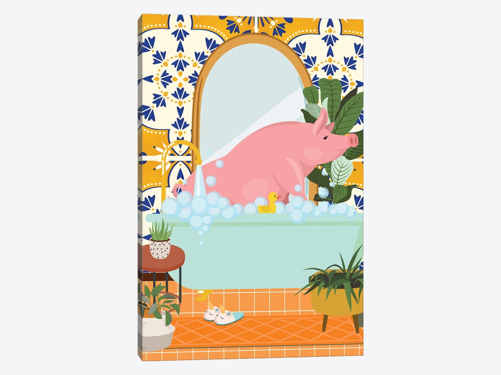 Piggy In Bathroom With Moroccan Tile by Jania Sharipzhanova 1-piece Canvas Artwork