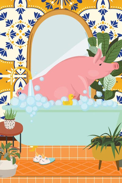 Jania Sharipzhanova: Piggy In Bathroom With Moroccan Tile by Jania Sharipzhanova