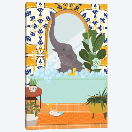 Elephant In Bathroom With Moroccan Tile Canvas Print #SHZ228} by Jania Sharipzhanova Canvas Art