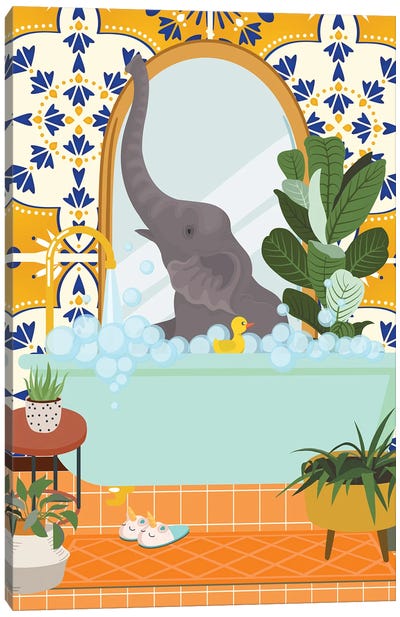 Elephant In Bathroom With Moroccan Tile Canvas Art Print
