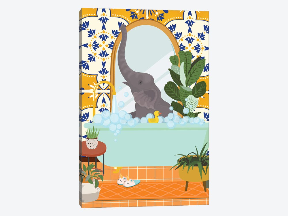 Elephant In Bathroom With Moroccan Tile by Jania Sharipzhanova 1-piece Canvas Print