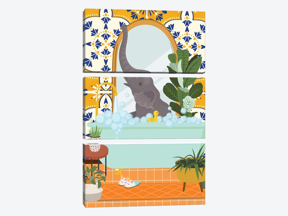 Elephant In Bathroom With Moroccan Tile by Jania Sharipzhanova 3-piece Canvas Print