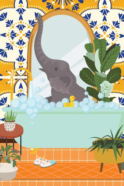 Jania Sharipzhanova: Elephant In Bathroom With Moroccan Tile by Jania Sharipzhanova