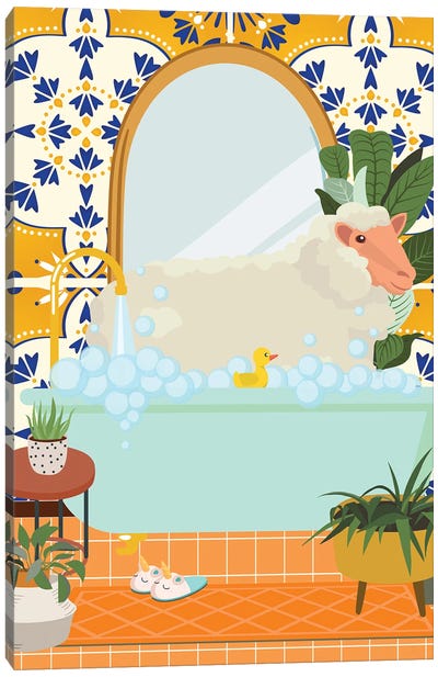 Sheep In Bathroom With Moroccan Tile Canvas Art Print