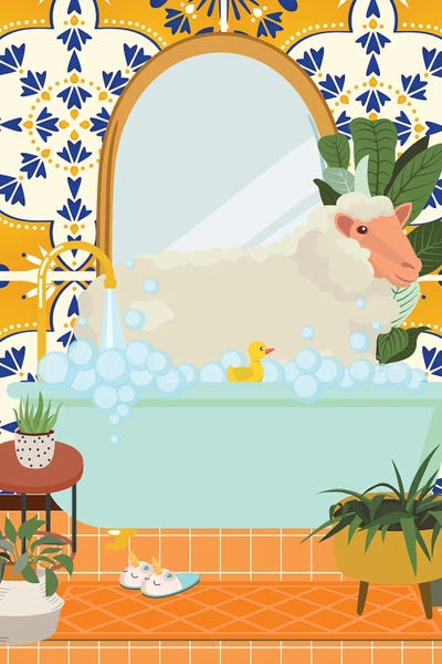 Jania Sharipzhanova: Sheep In Bathroom With Moroccan Tile by Jania Sharipzhanova