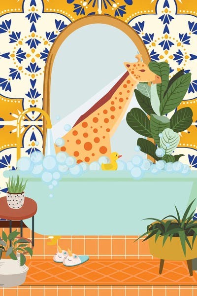 Giraffe In Bathroom With Moroccan Tile by Jania Sharipzhanova canvas print