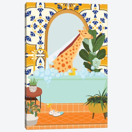 Giraffe In Bathroom With Moroccan Tile Canvas Print #SHZ230} by Jania Sharipzhanova Canvas Print