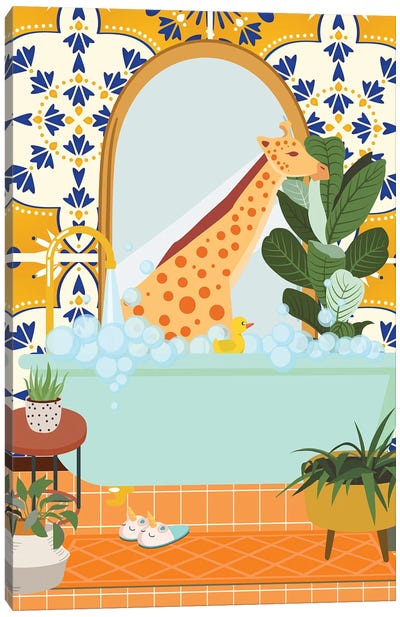 Giraffe In Bathroom With Moroccan Tile Canvas Art Print