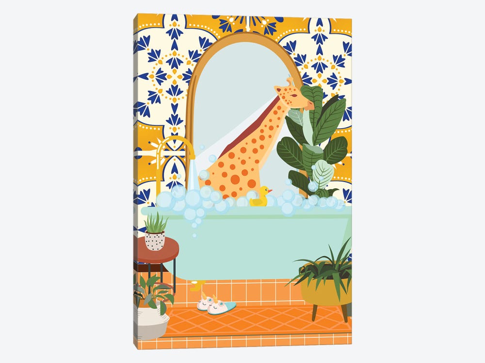 Giraffe In Bathroom With Moroccan Tile by Jania Sharipzhanova 1-piece Canvas Art