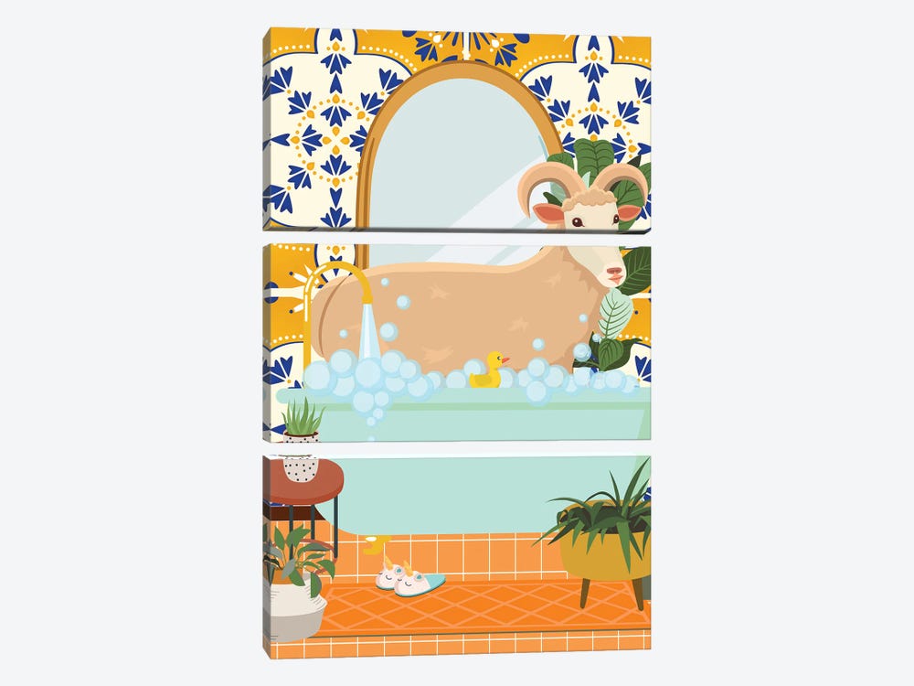 Ram In Bathroom With Moroccan Tile by Jania Sharipzhanova 3-piece Canvas Print
