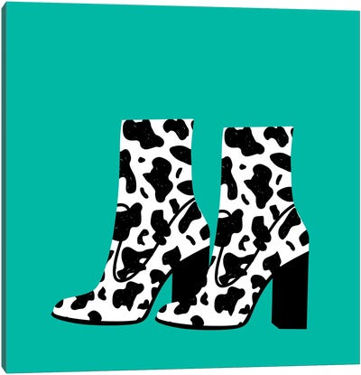 Cow Print Boots On Duck Egg Blue Canvas Art Print - Boots