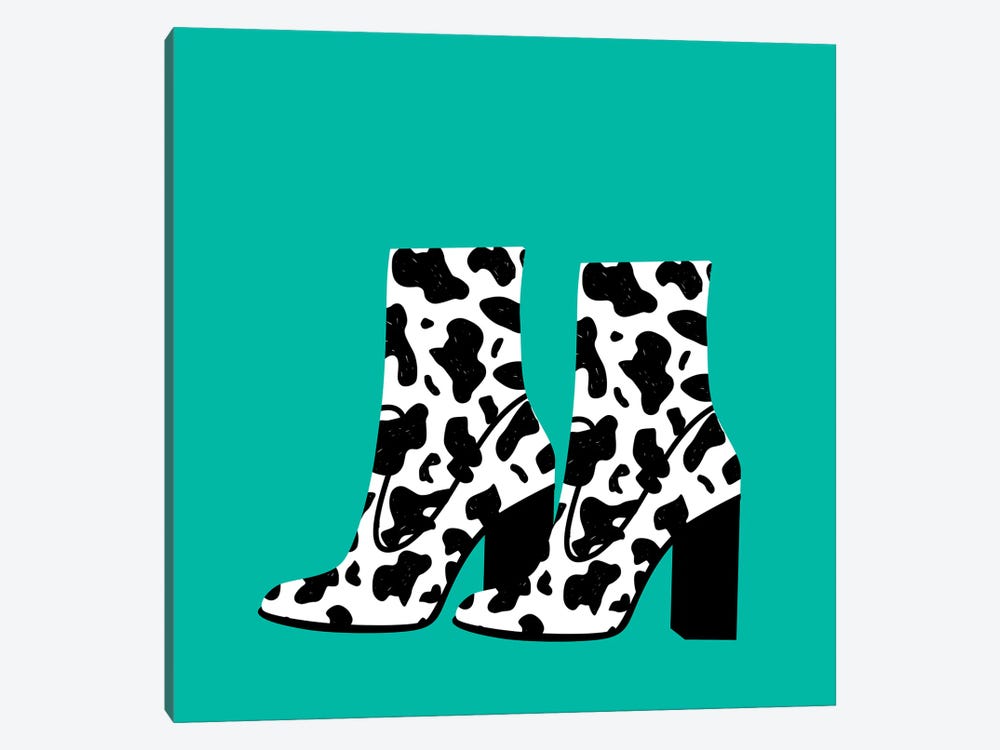 Cow Print Boots On Duck Egg Blue by Jania Sharipzhanova 1-piece Canvas Wall Art