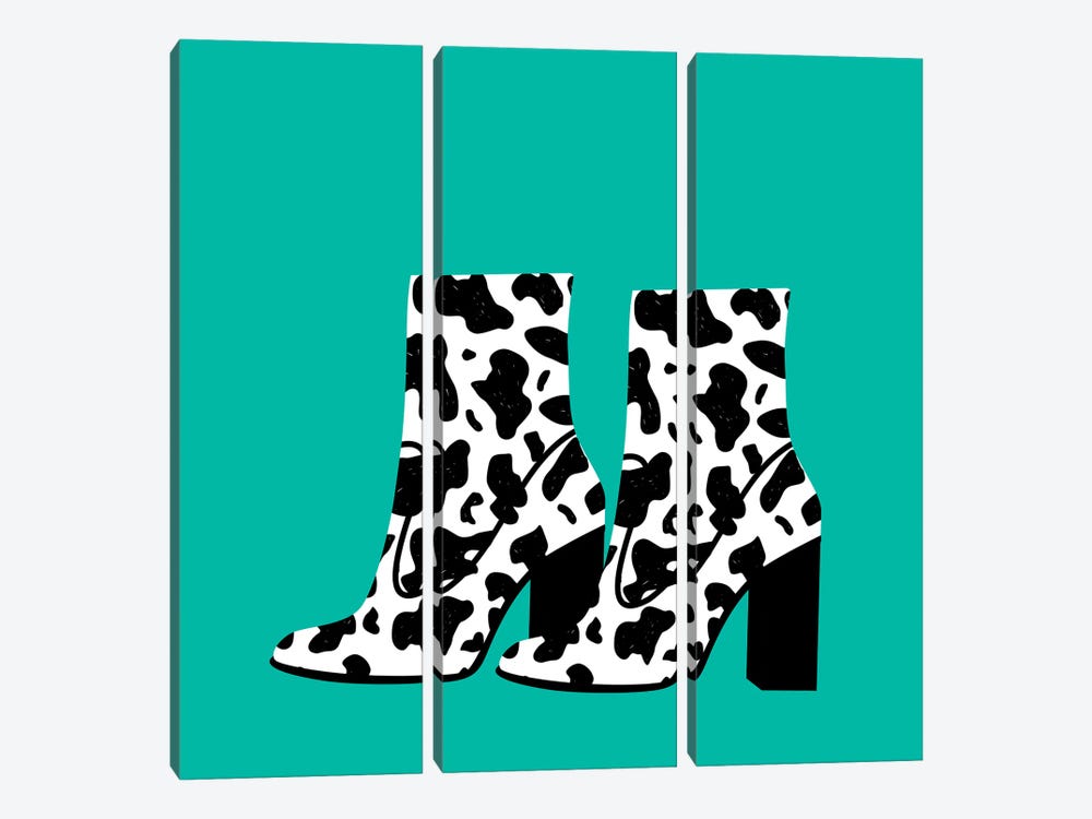 Cow Print Boots On Duck Egg Blue by Jania Sharipzhanova 3-piece Canvas Artwork
