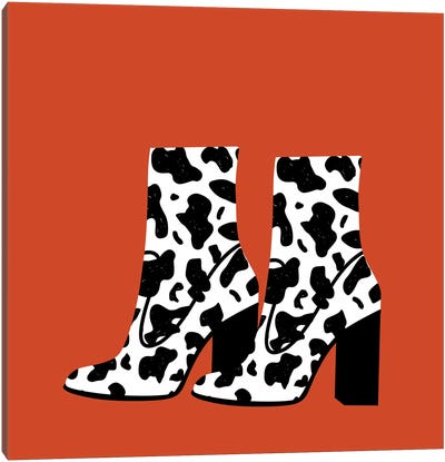 Cow Print Boots On Burnt Orange Canvas Art Print - Boots