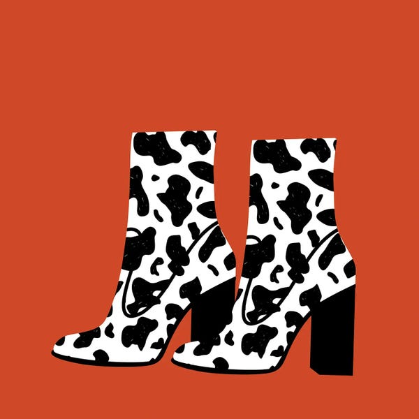 Jania Sharipzhanova: Cow Print Boots On Burnt Orange by Jania Sharipzhanova