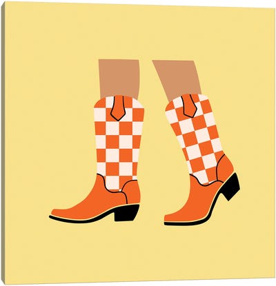 Orange Checkered Cowgirl Boots Canvas Art Print - Boots