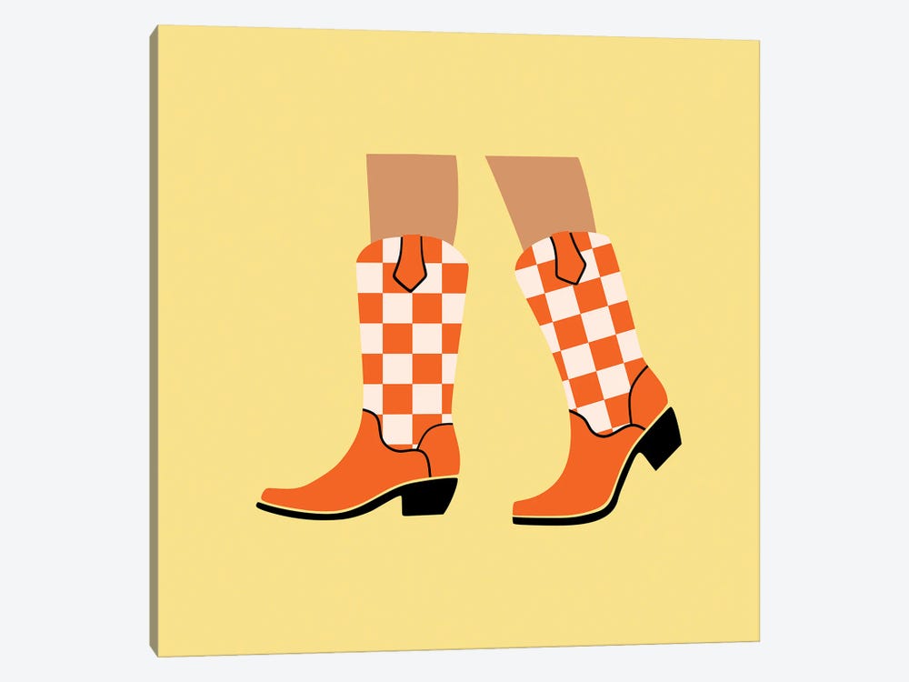 Orange Checkered Cowgirl Boots by Jania Sharipzhanova 1-piece Canvas Wall Art