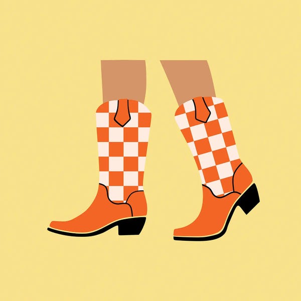 Boots: Orange Checkered Cowgirl Boots by Jania Sharipzhanova