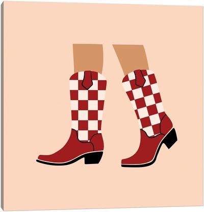 Brown Checkered Cowgirl Boots Canvas Art Print - Boots