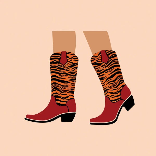 Boots: Tiger Print Cowgirl Boots by Jania Sharipzhanova