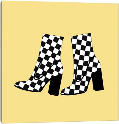Checkered Boots On Yellow Canvas Art Print - Black, White & Yellow Art