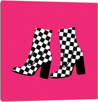 Checkered Boots On Pink Canvas Art Print - Boots