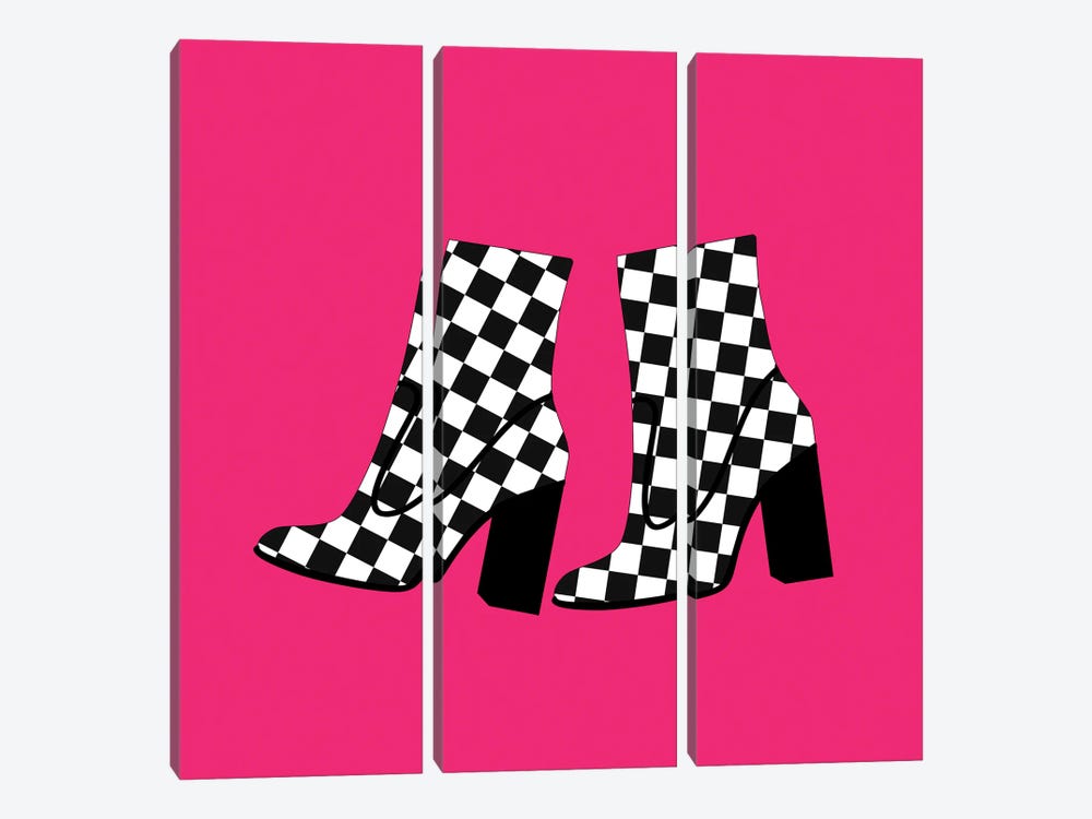 Checkered Boots On Pink by Jania Sharipzhanova 3-piece Canvas Artwork