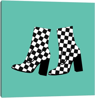 Checkered Boots On Blue Canvas Art Print - Boots