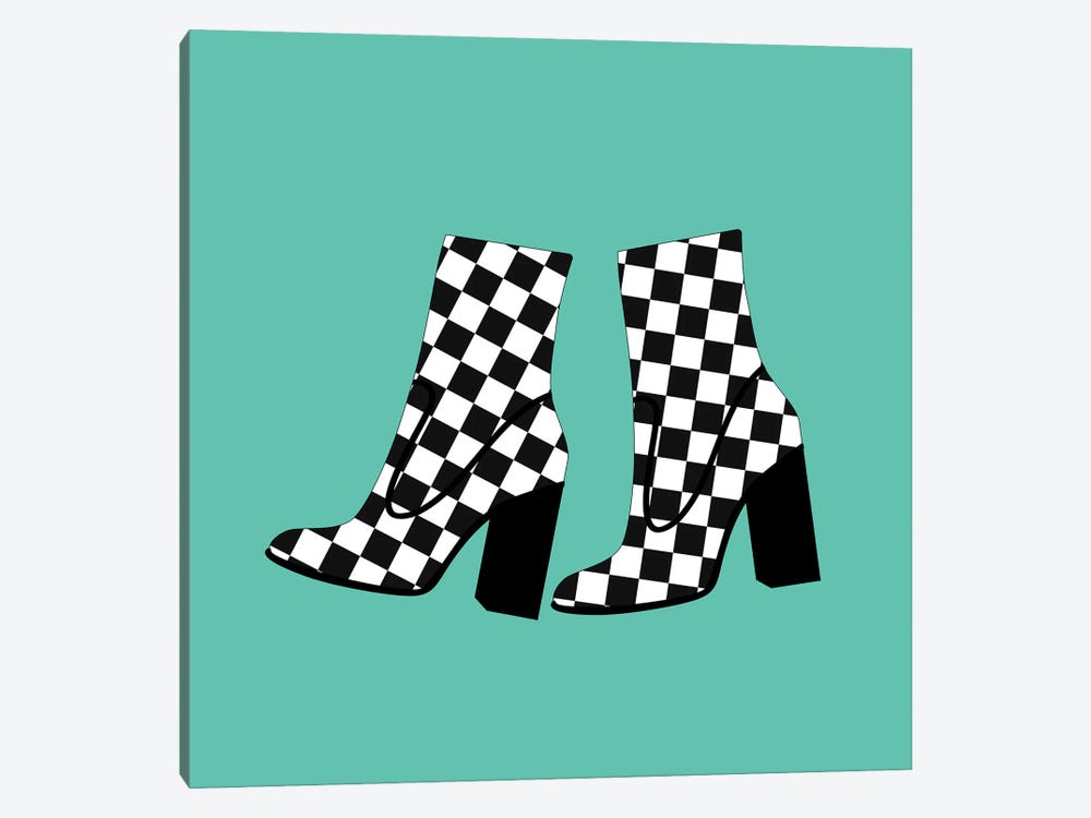 Checkered Boots On Blue by Jania Sharipzhanova 1-piece Canvas Print