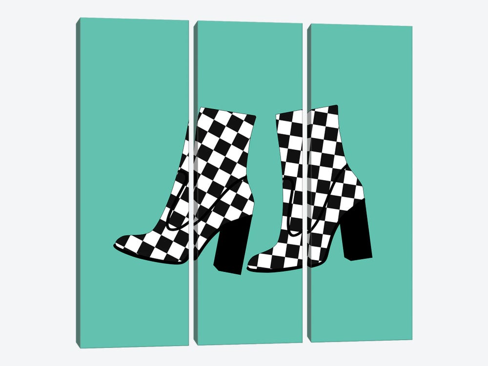 Checkered Boots On Blue by Jania Sharipzhanova 3-piece Canvas Print