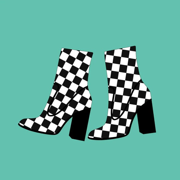 Jania Sharipzhanova: Checkered Boots On Blue by Jania Sharipzhanova