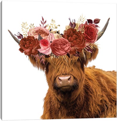 Highland Cow In Flower Garland Canvas Art Print - Highland Cow Art