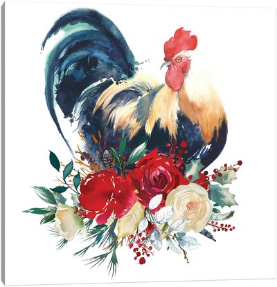 Floral Rooster Canvas Art Print - French Country Décor