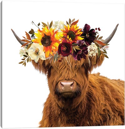 Cow In Sunflower Garland Canvas Art Print - Highland Cow Art
