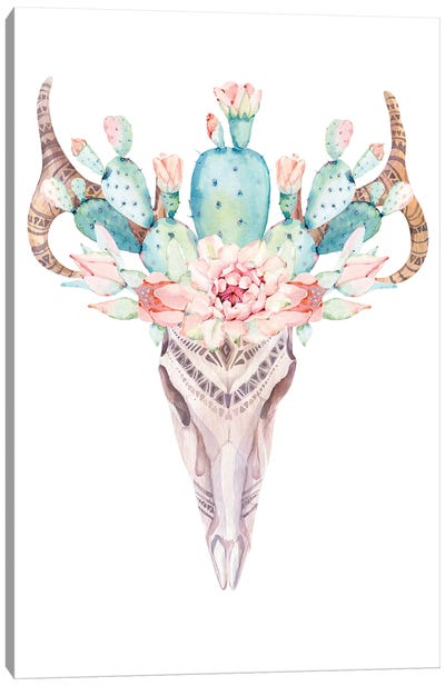 Cacti Bull Skull Print Canvas Art Print - Jania Sharipzhanova