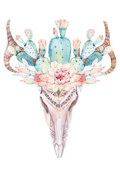 Jania Sharipzhanova: Cacti Bull Skull Print by Jania Sharipzhanova