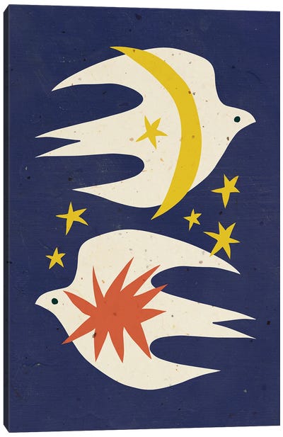 Two Doves On Navy Blue Canvas Art Print - Jania Sharipzhanova