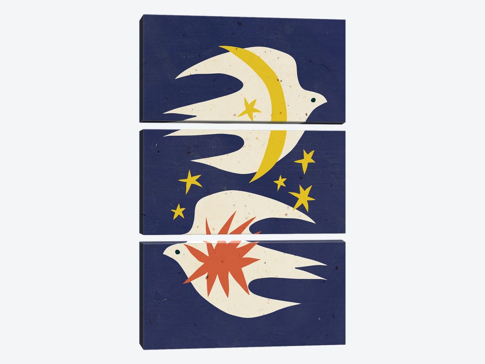 Two Doves On Navy Blue by Jania Sharipzhanova 3-piece Art Print
