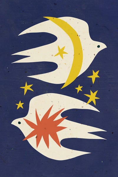 Doves & Pigeons: Two Doves On Navy Blue by Jania Sharipzhanova