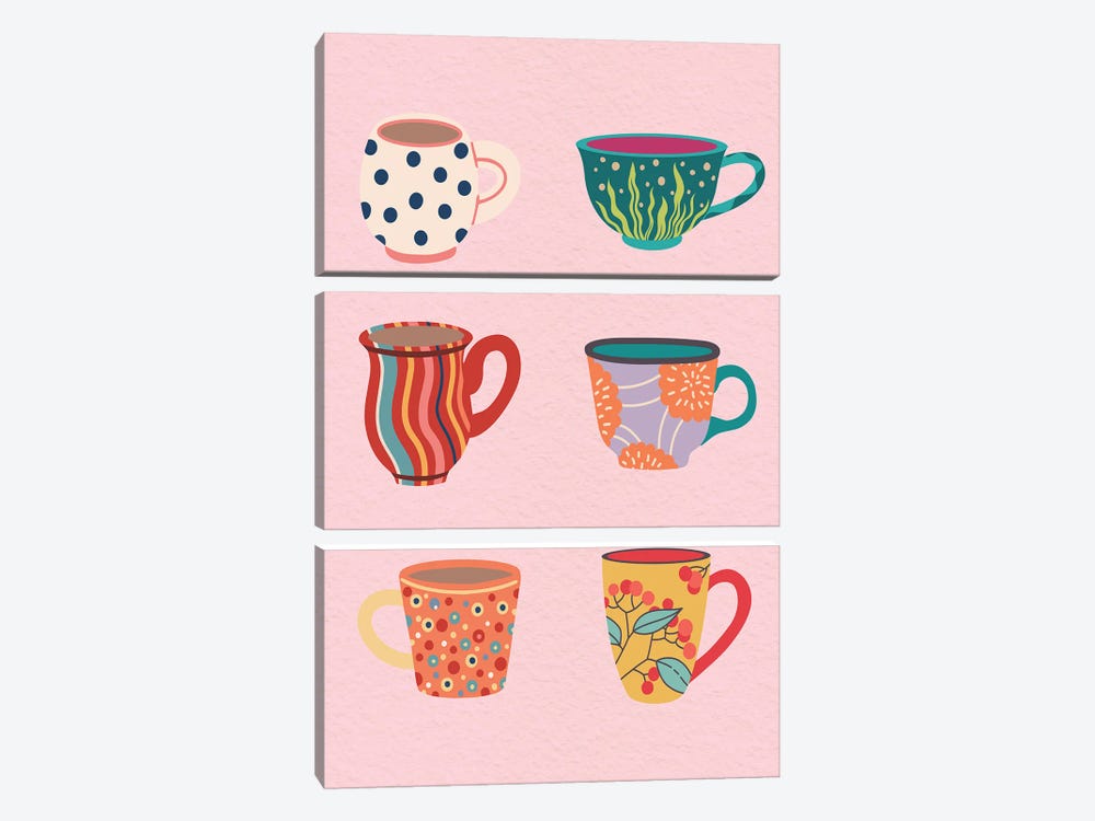 Set Of Cups On Pink by Jania Sharipzhanova 3-piece Canvas Art