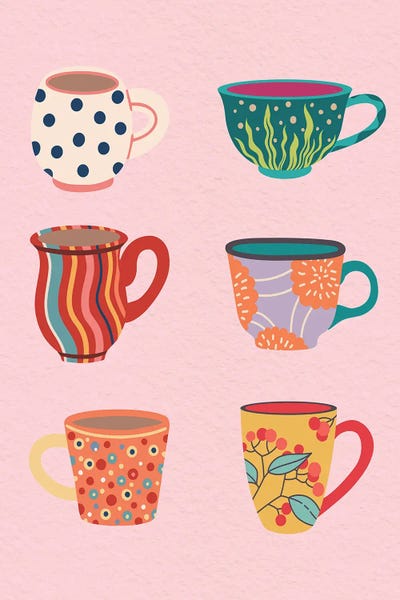 Jania Sharipzhanova: Set Of Cups On Pink by Jania Sharipzhanova