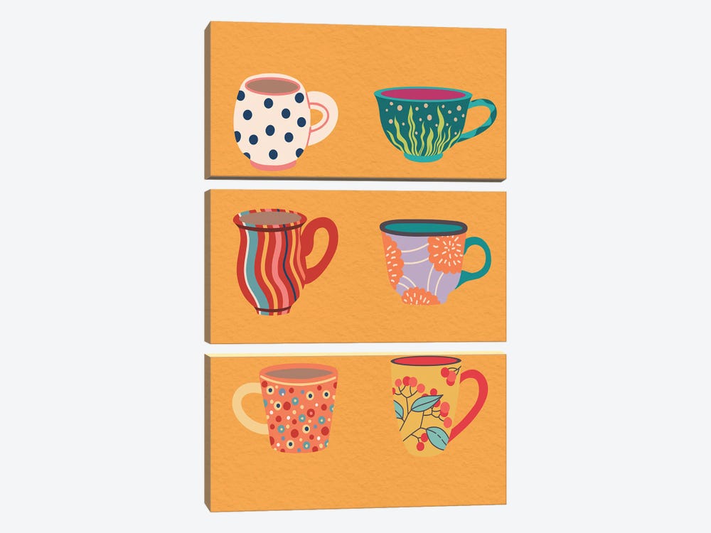 Set Of Cups On Orange by Jania Sharipzhanova 3-piece Canvas Art Print