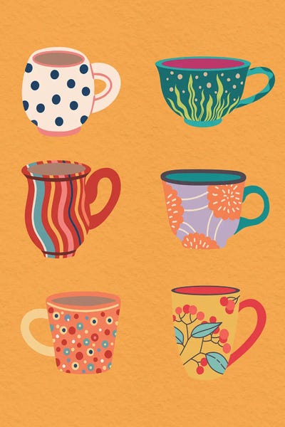 Jania Sharipzhanova: Set Of Cups On Orange by Jania Sharipzhanova