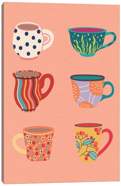 Set Of Cups On Peach Canvas Art Print - Kitchen Equipment & Utensil Art
