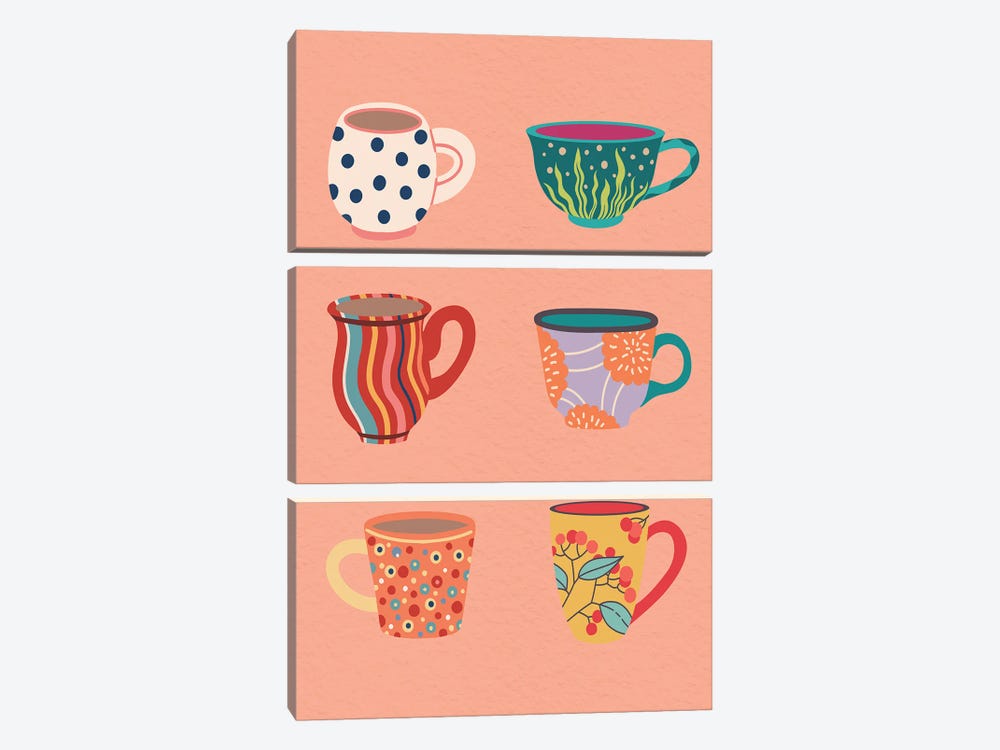 Set Of Cups On Peach by Jania Sharipzhanova 3-piece Canvas Art Print