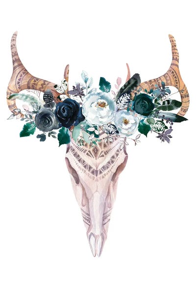 Jania Sharipzhanova: Blue Floral Scull by Jania Sharipzhanova